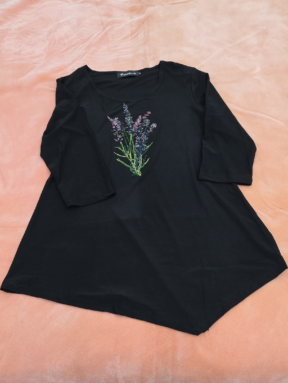 Creation Sophisticate Black Scoop Neck Tunic with Embellished Floral Design